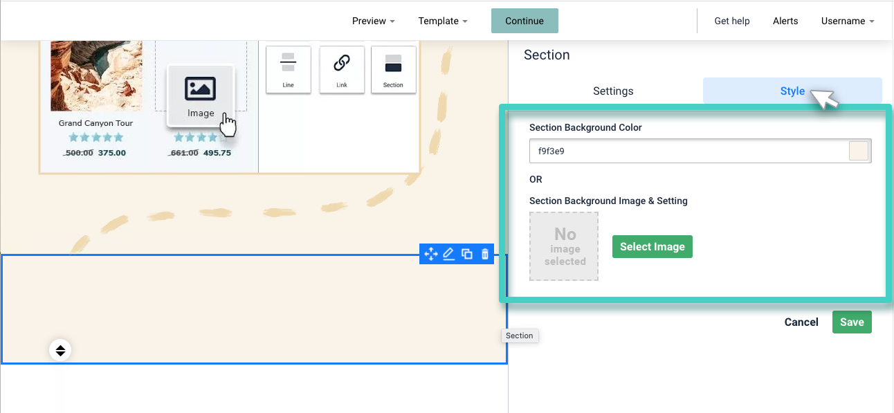 Email section background color Email creator, section widget. Choose section background color or image