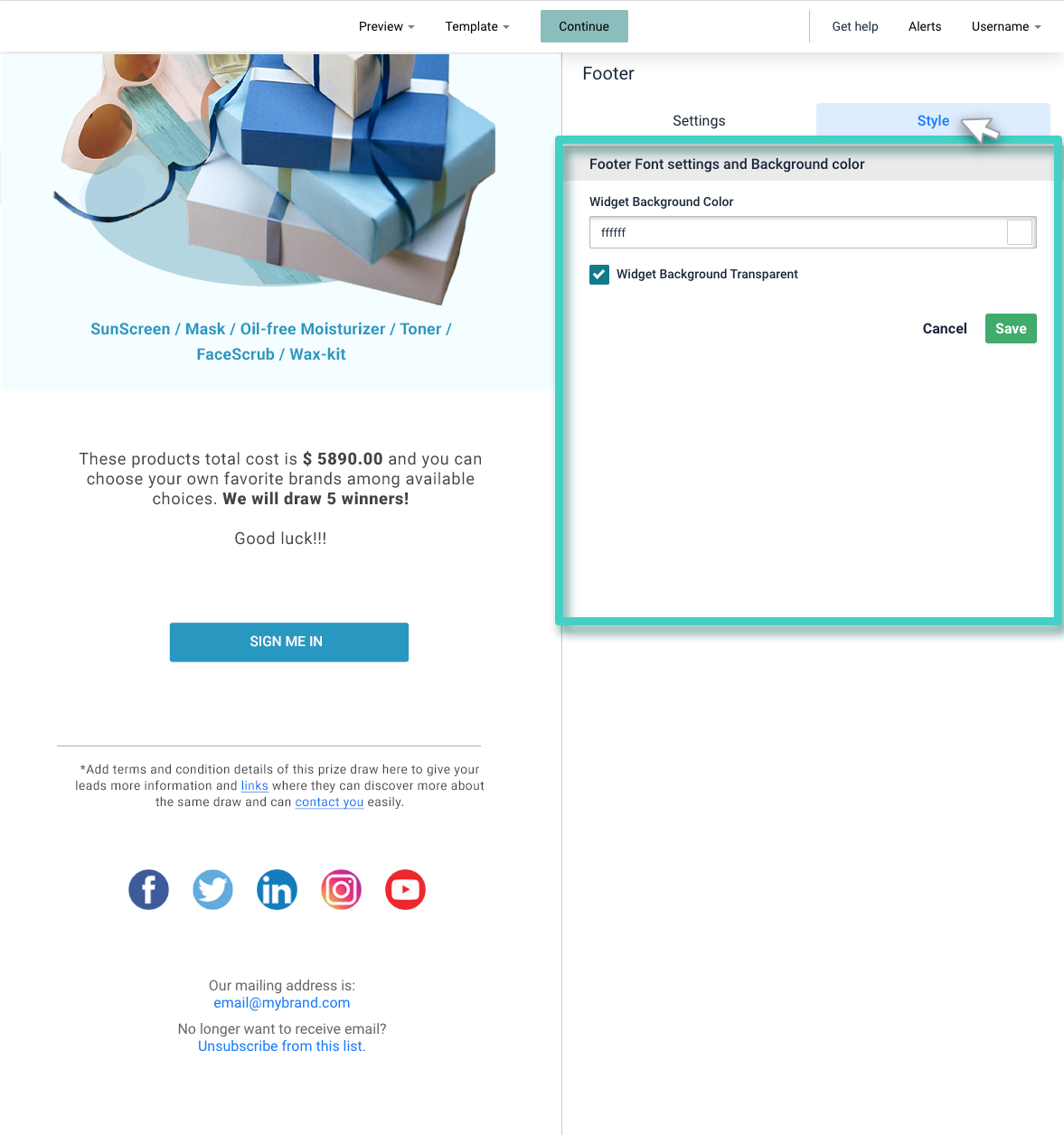 Email creator, footer widget. Footer font settings and background color