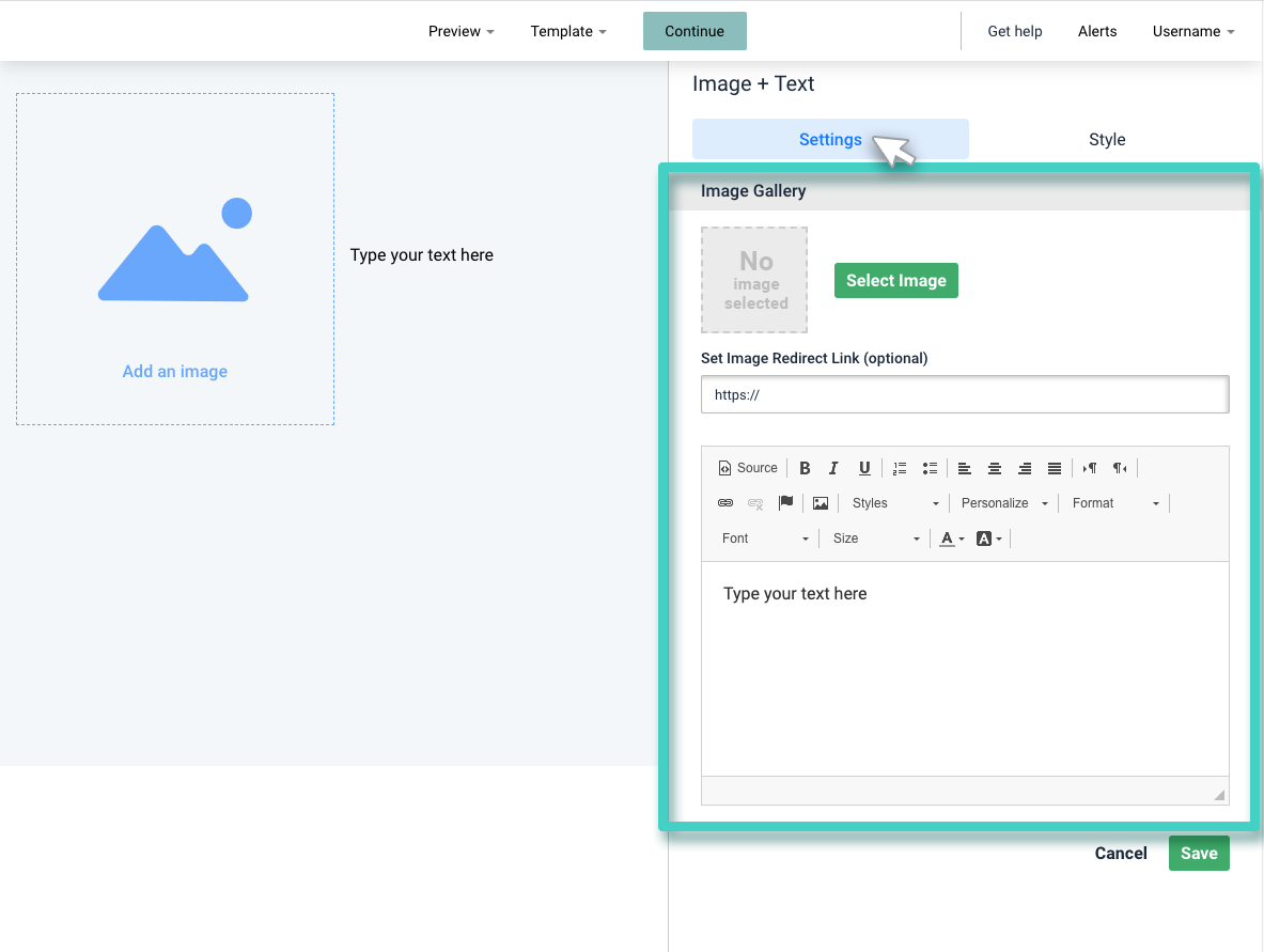 Text and image settings tab is highlighted. Upload image and enter text