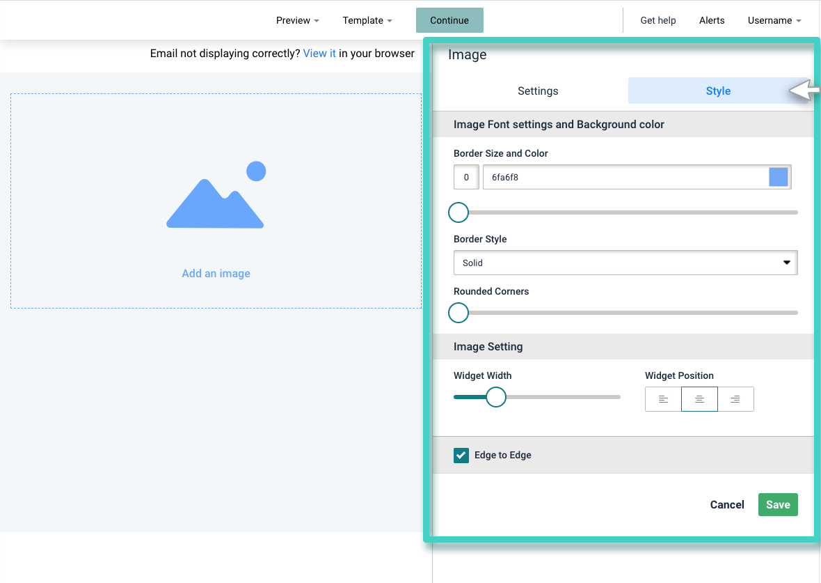 New email campaign, image widget. The settings tab is highlighted