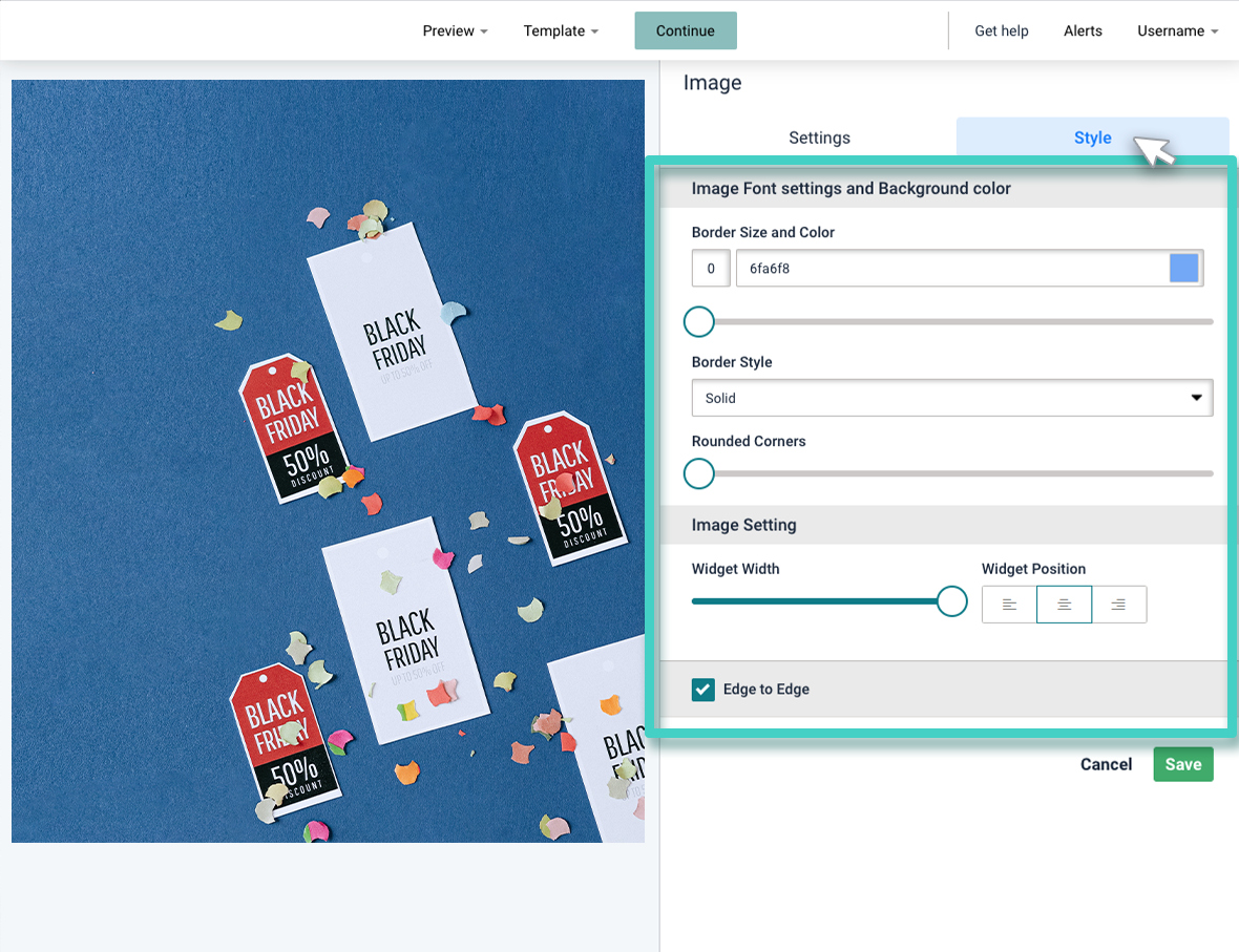 Email creator, image widget. The image widget style tab is highlighted