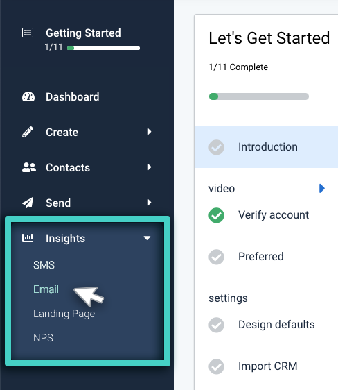 Email insights, insights menu. Email is highlighted