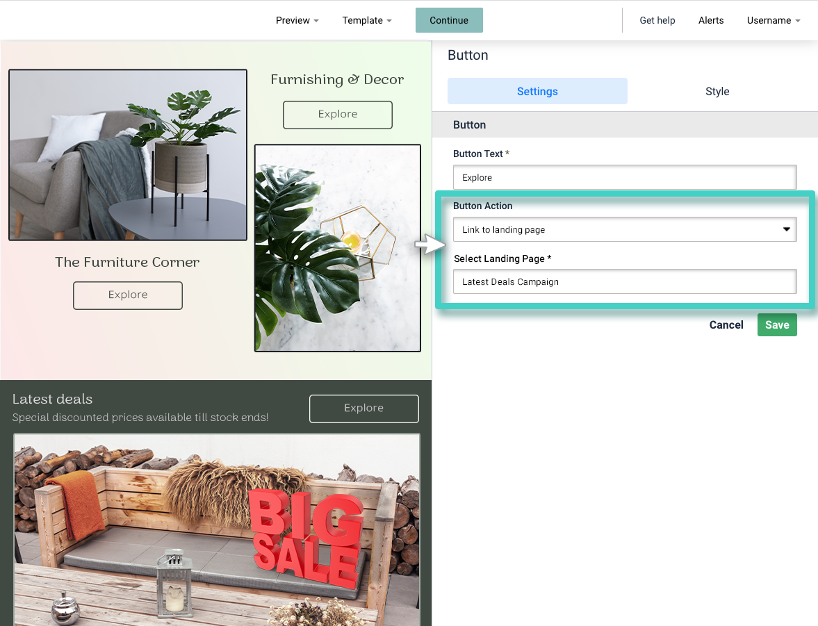 Email button settings. Button action link to landing page. Landing page selected