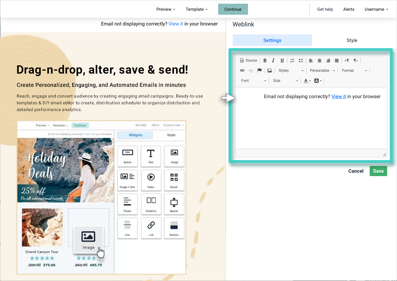 Email creator, link widget settings tab. The text editor is highlighted