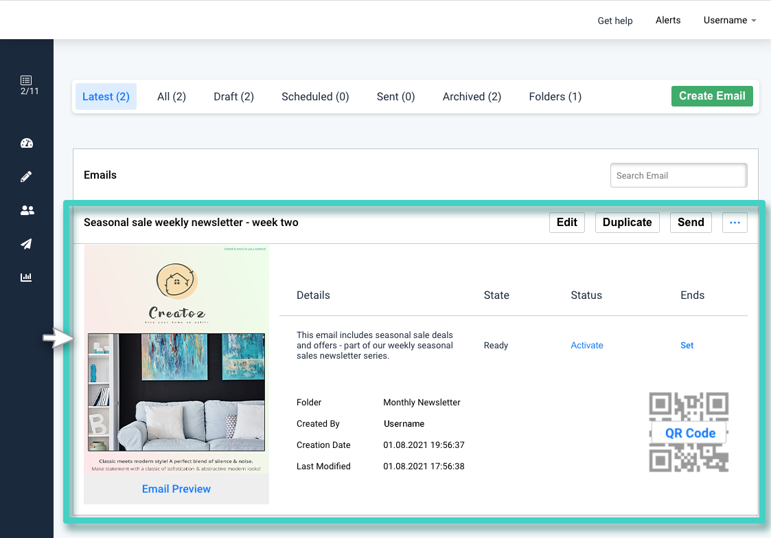 Email campaign manager, overview of all emails