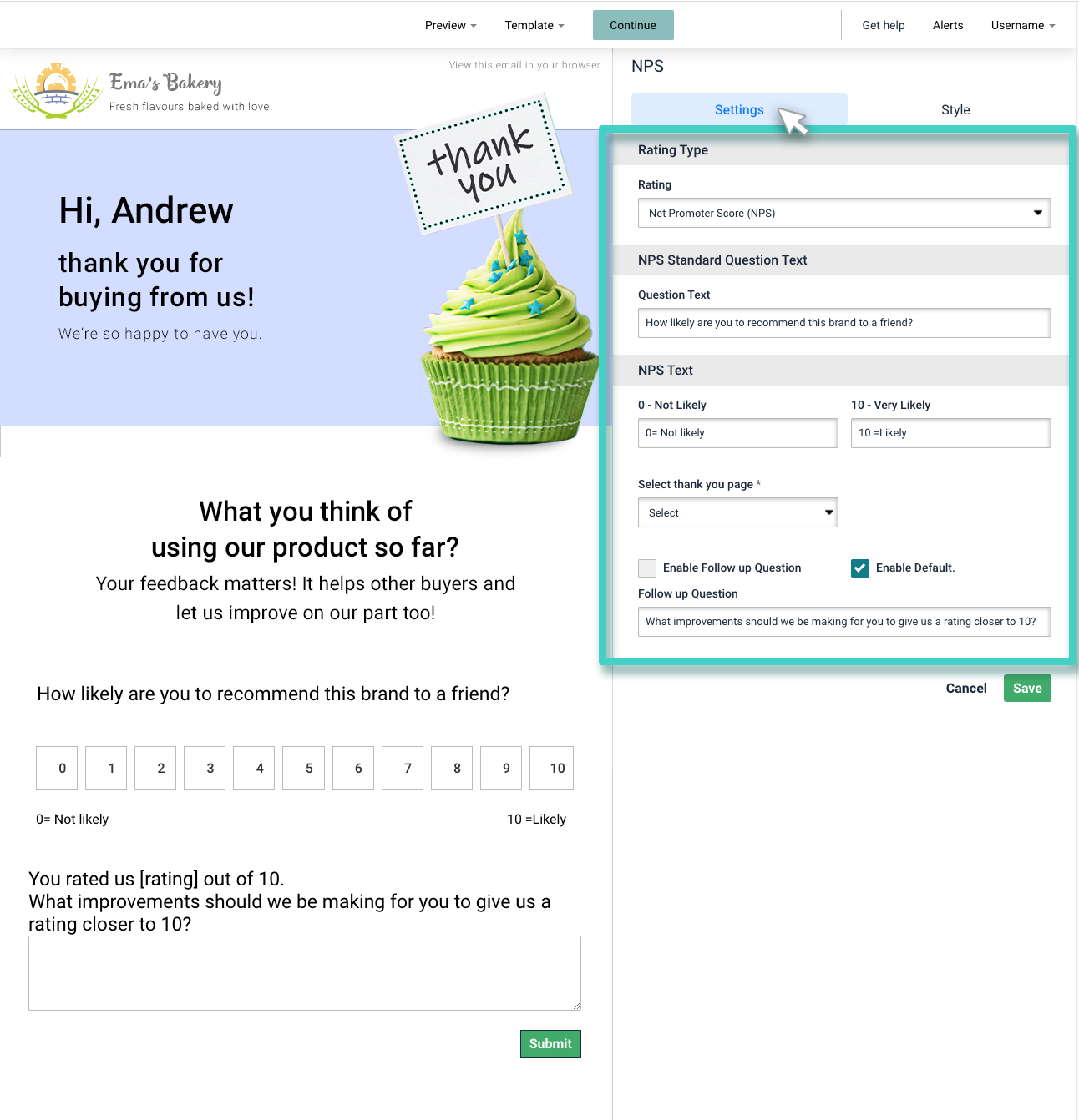 Email creator, NPS widget. The NPS widget settings tab is highlighted