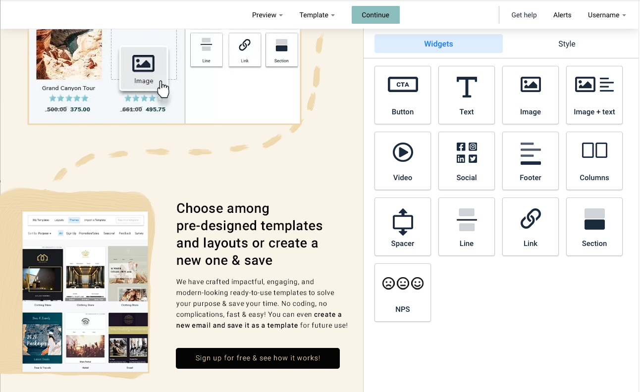 Email section elements Email creator, section widget. Add elements to section in work area
