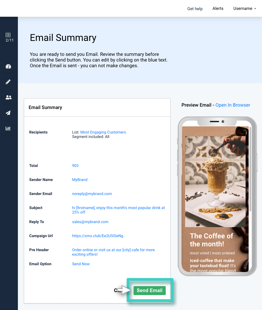 Email campaign sending, email summary. The send email button is highlighted