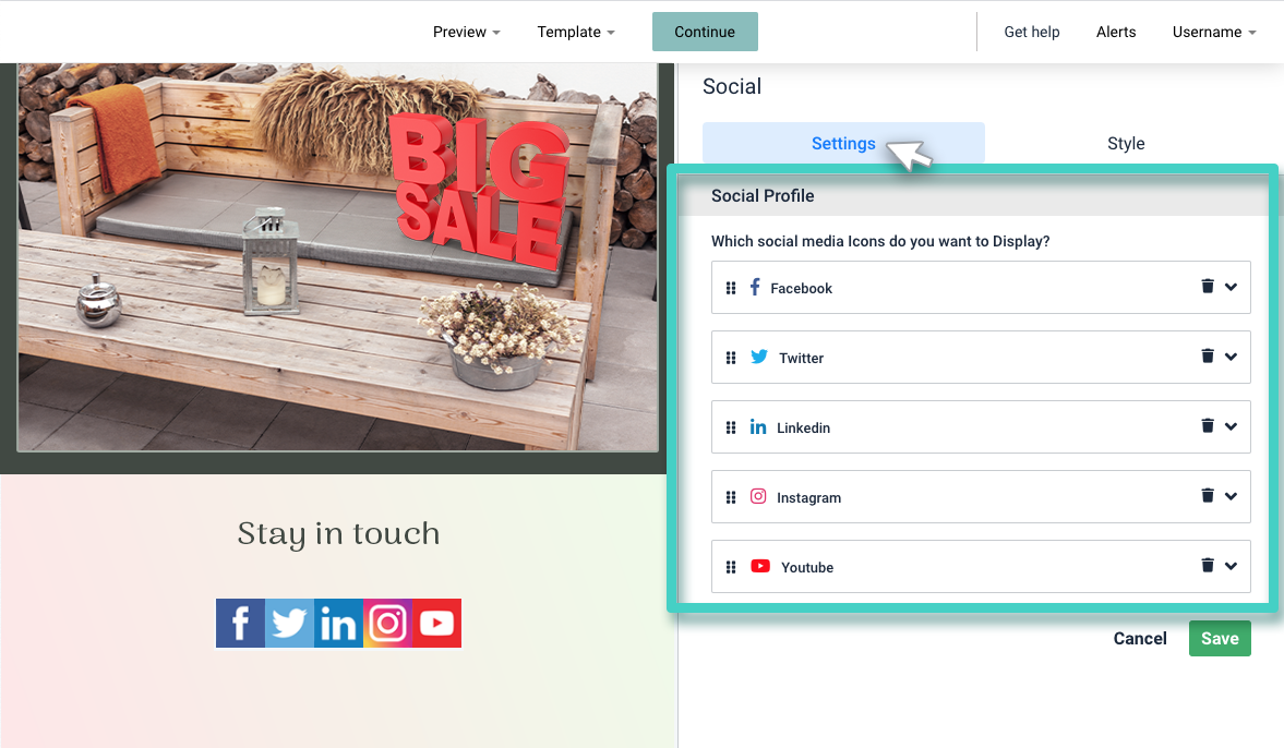 Email creator, social widget. The social widget settings tab is highlighted