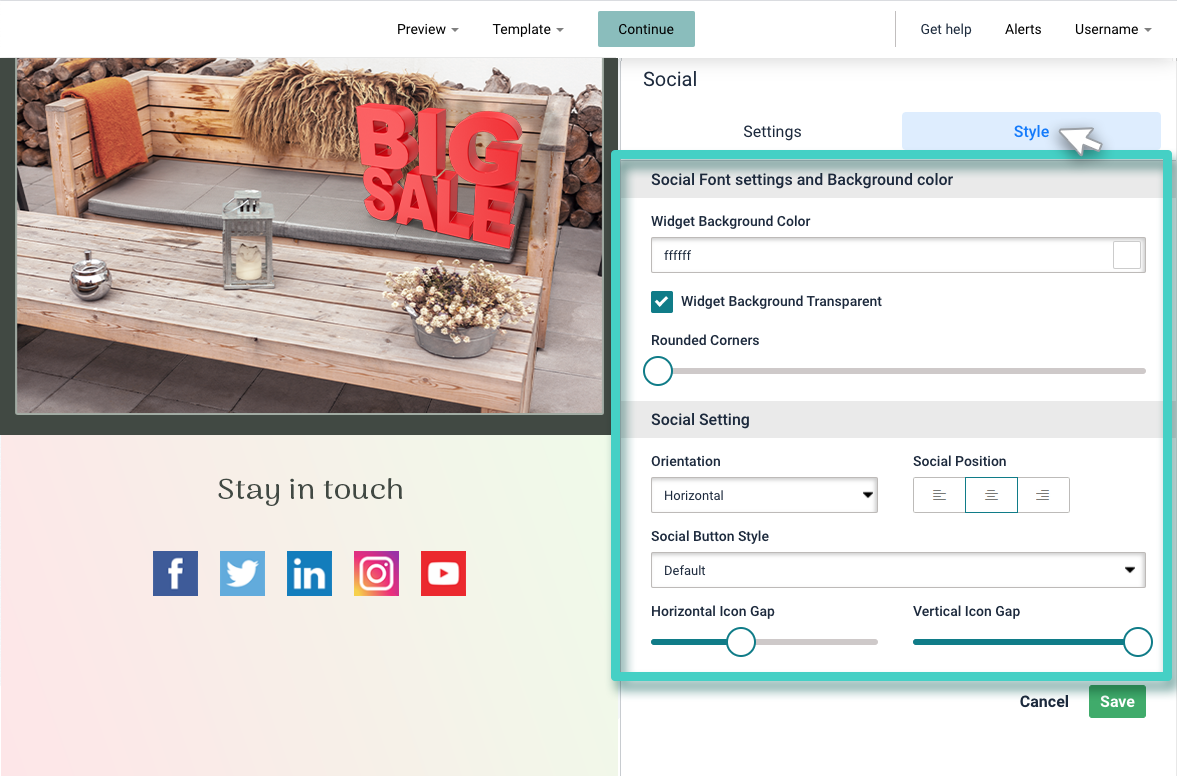 Email creator, social widget. The social widget style tab is highlighted