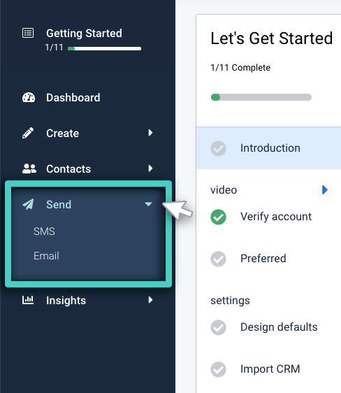 Marketing campaign, excluding contacts. The send menu is highlighted