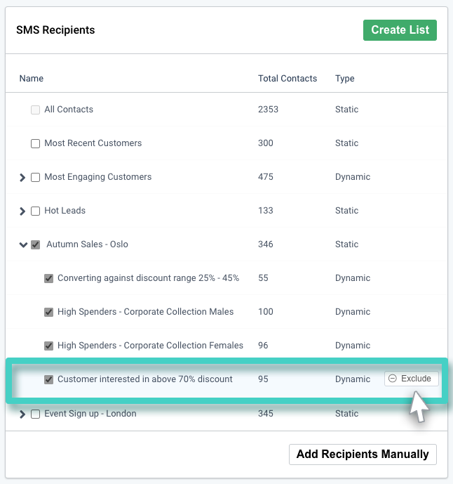 SMS campaign recipients. Lists overview. The exclude button in the list is highlighted