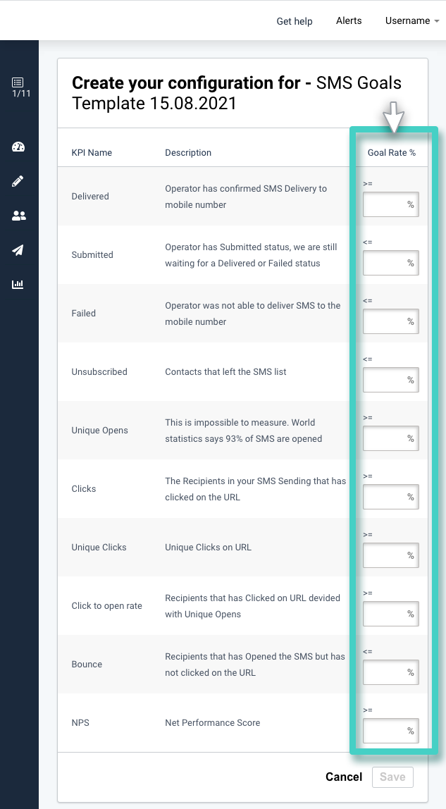 Creating campaign goal template. Add goal rate percentages to the list of KPIs 