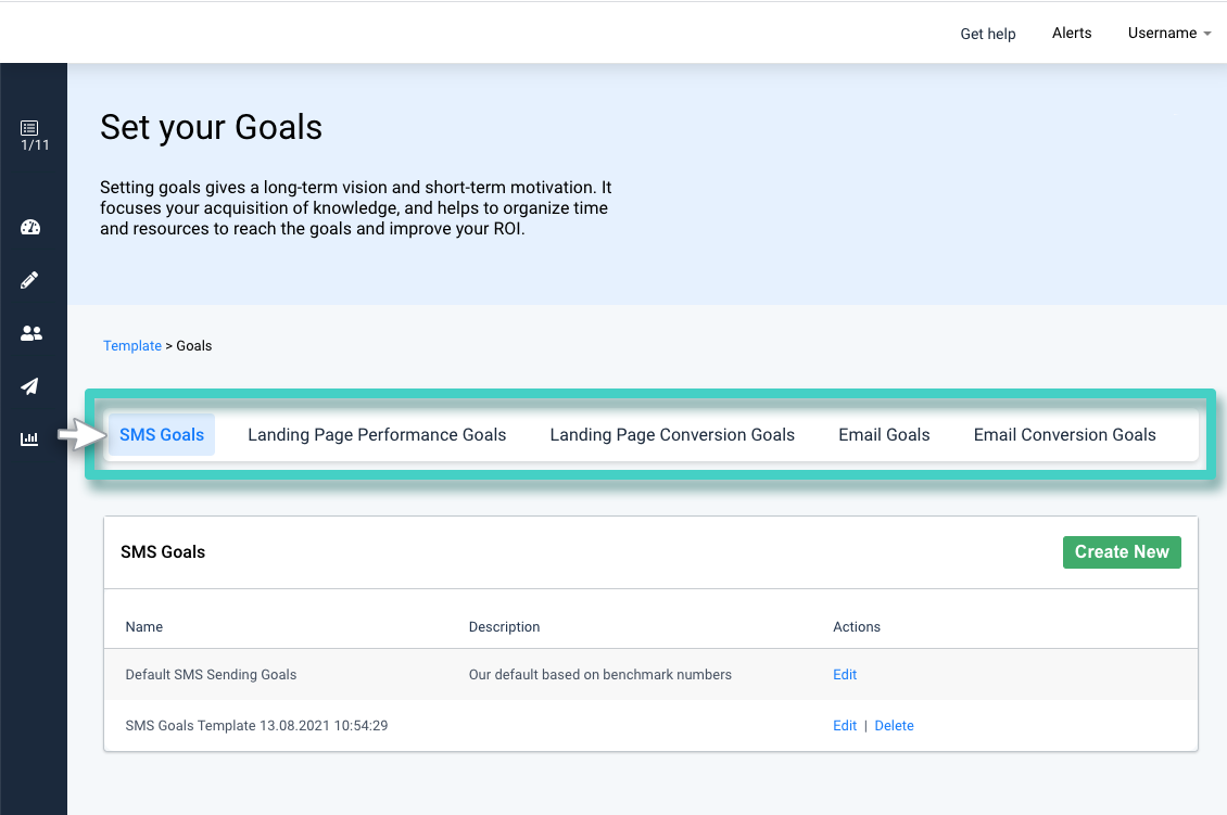 Creating campaign goal template. The goal template types bar is highlighted