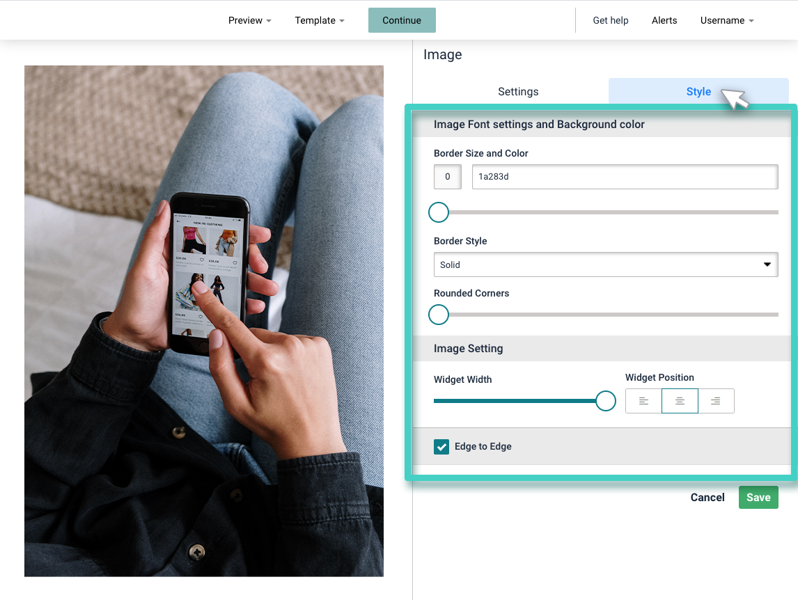 Landing page image widget. The style tab is highlighted
