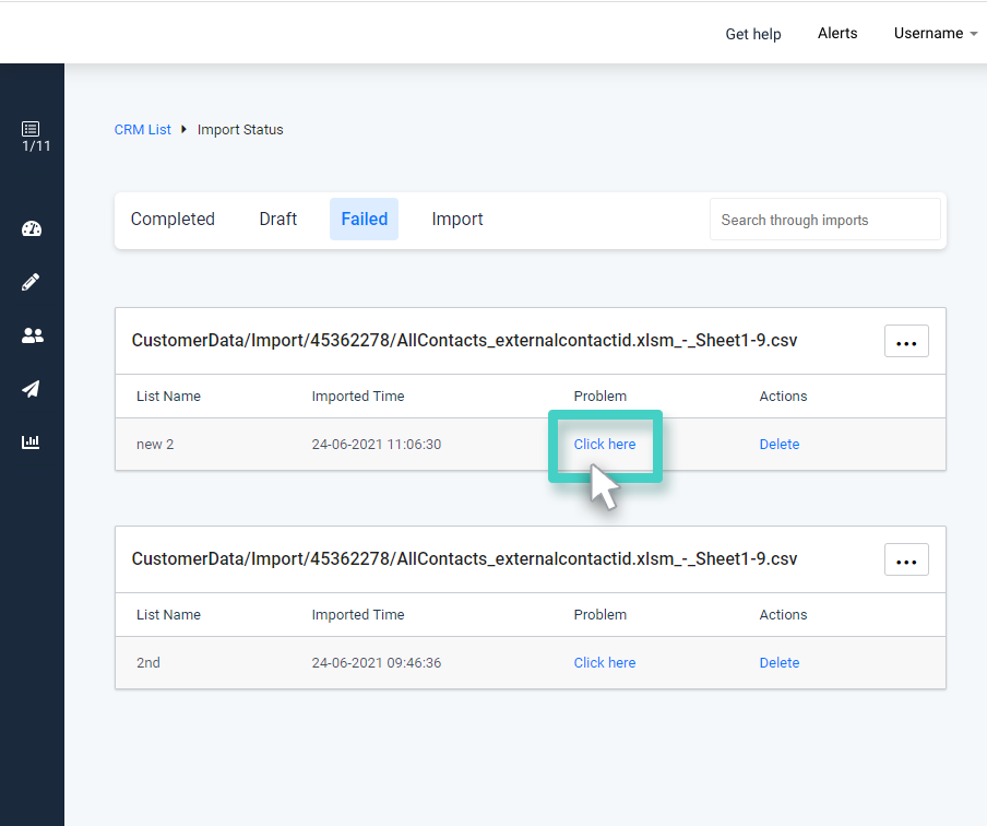CRM import, failed status. The click here button is highlighted