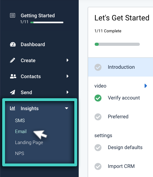 Monitor email performance, insights menu. Email is highlighted