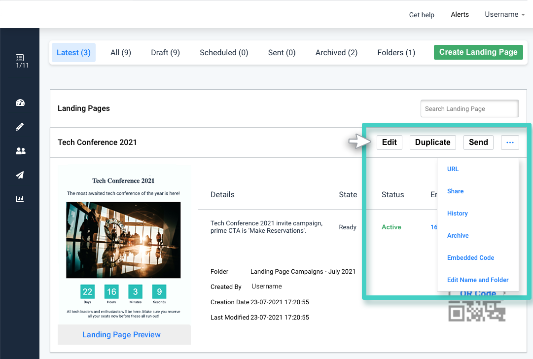 Landing page creations. The landing page actions menu is highlighted