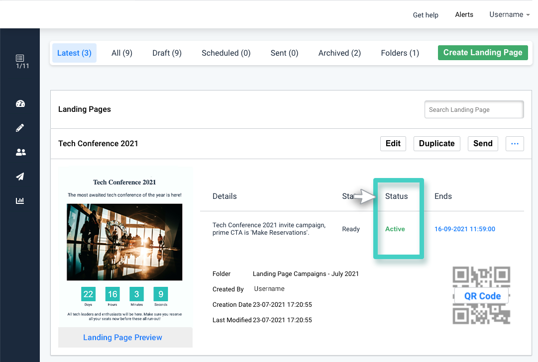 Landing page creations, landing page activation status is highlighted