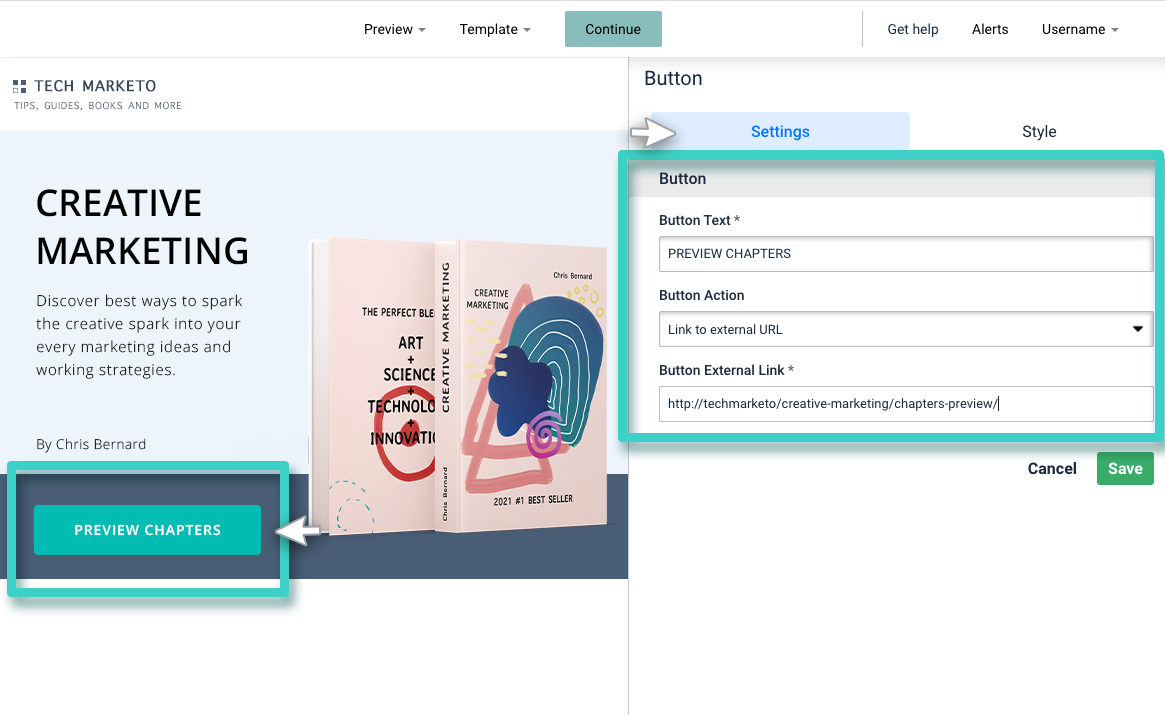 Landing page builder button settings
