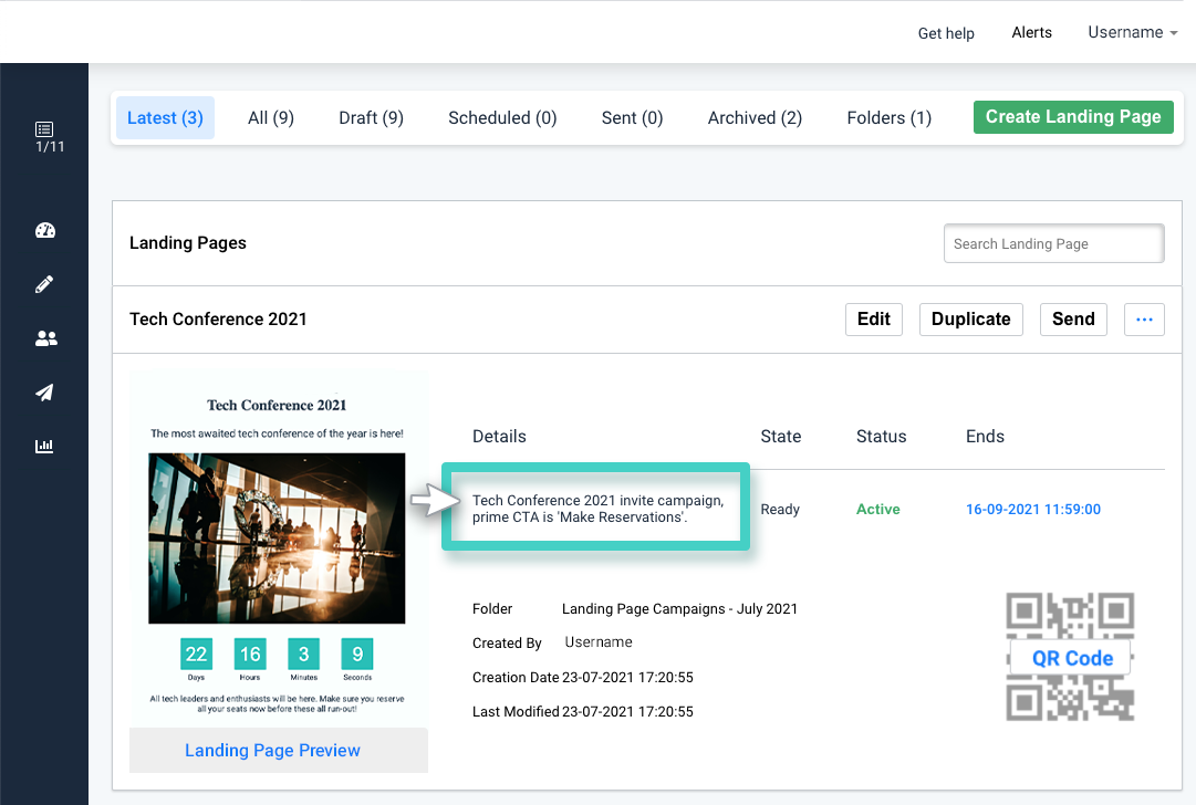 Landing page manager, landing page description is highlighted