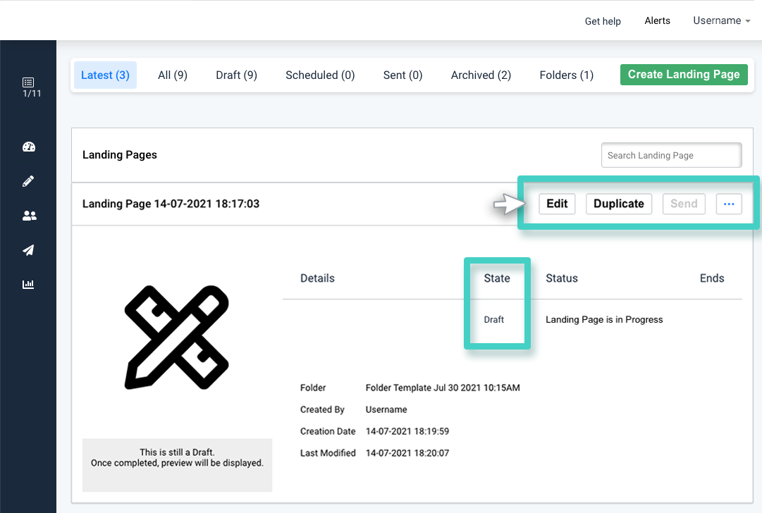 Landing page creations, landing page draft mode