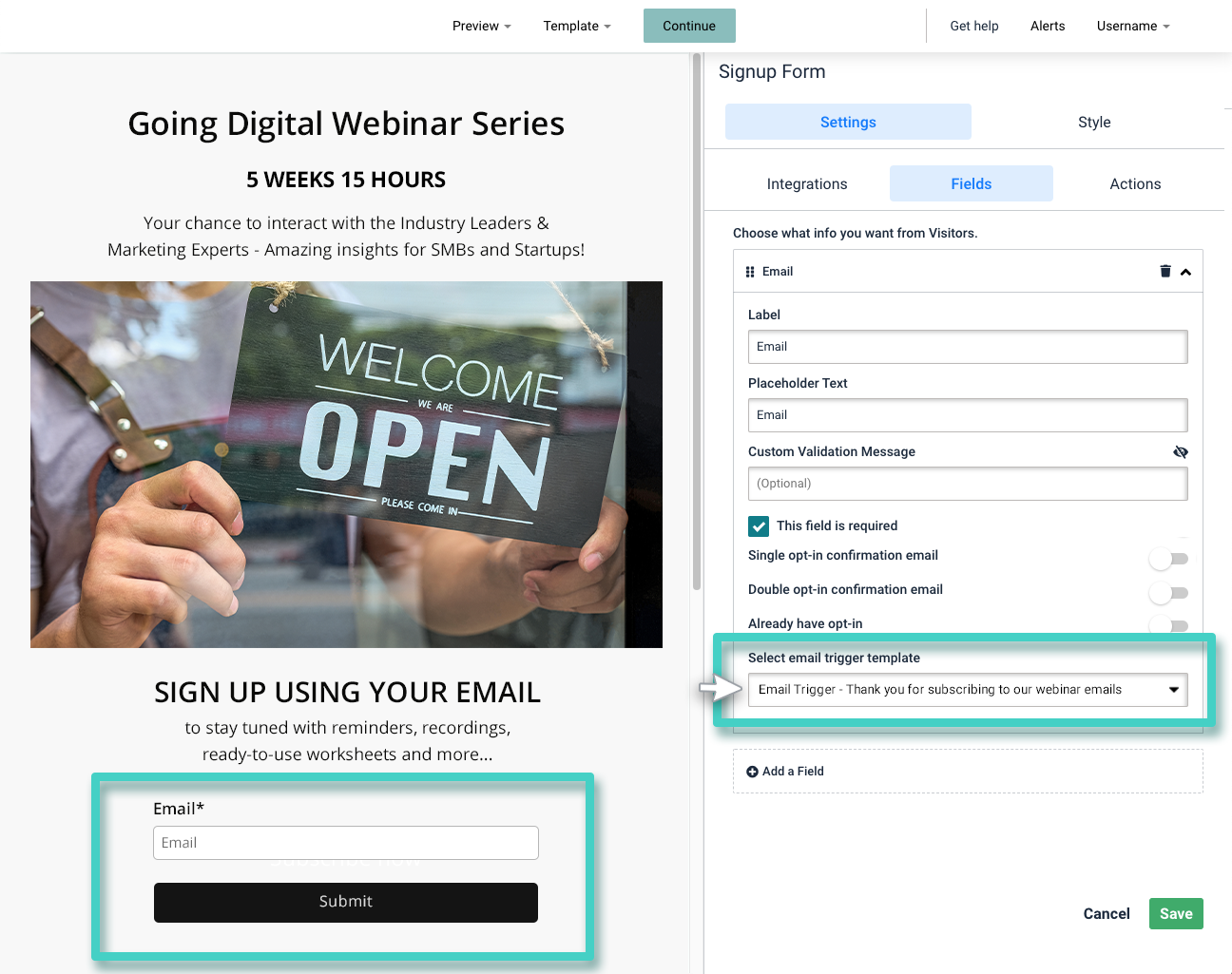Email trigger sign up widget Email trigger template, landing page builder. Signup widget settings, select trigger template