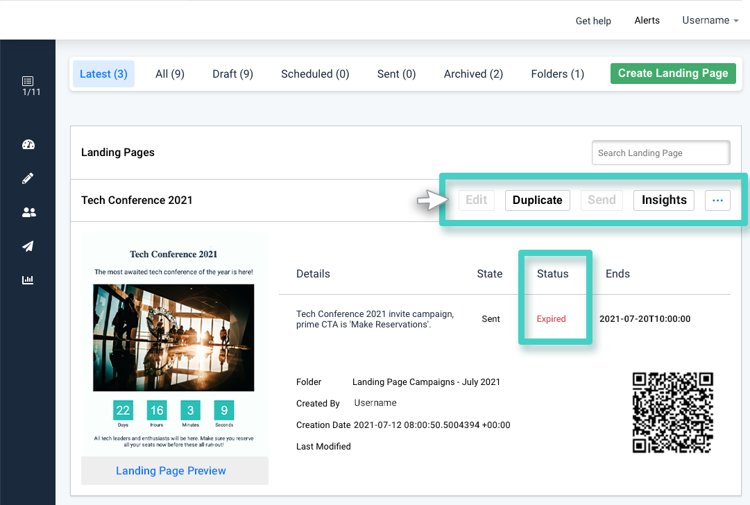 Landing page creations, landing page activation status is expired