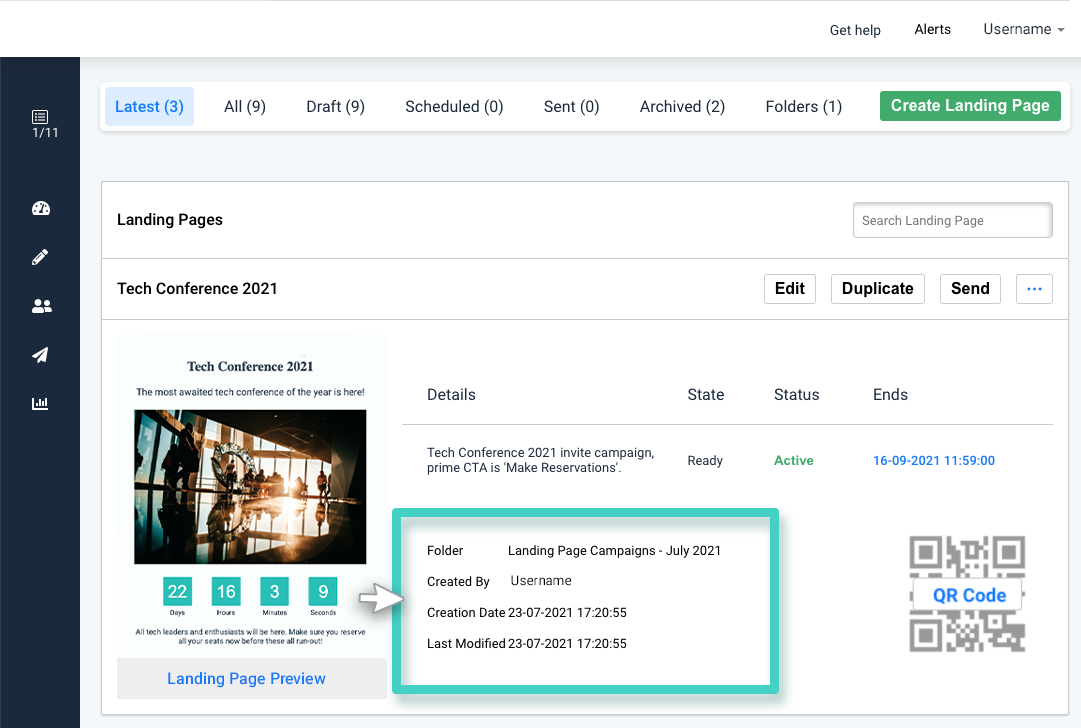 Landing page creations, landing page meta data is highlighted