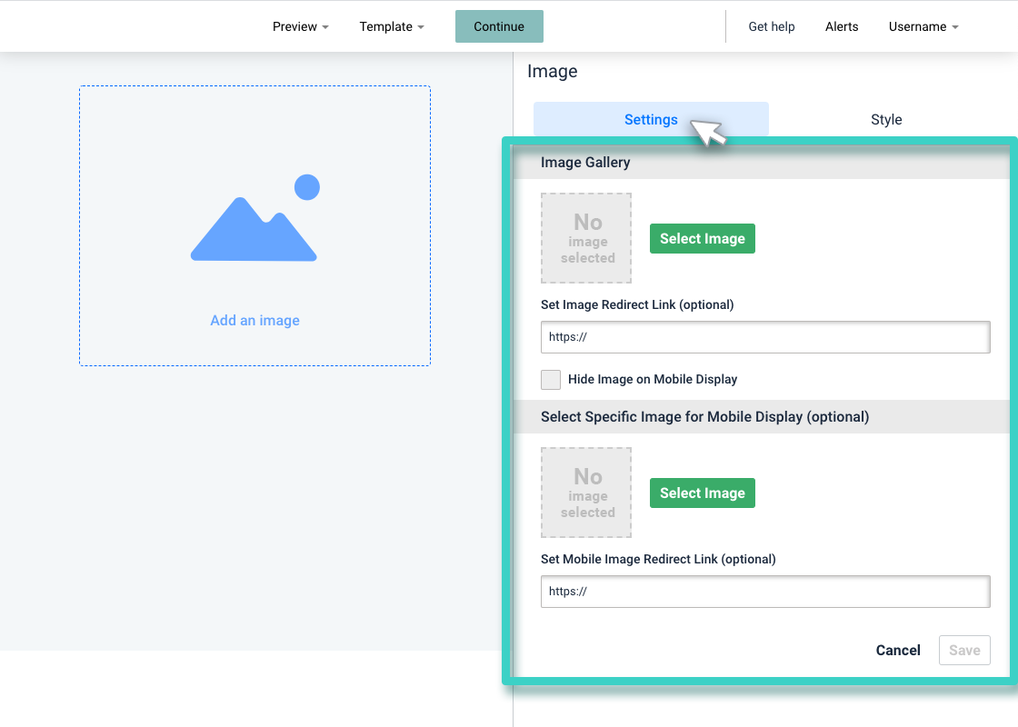 Landing page image widget. The settings tab is highlighted