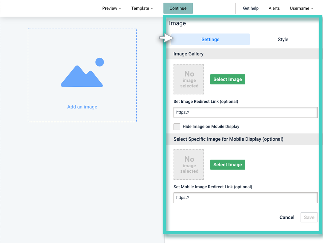 New landing page, landing page builder. The image widget settings tab is highlighted