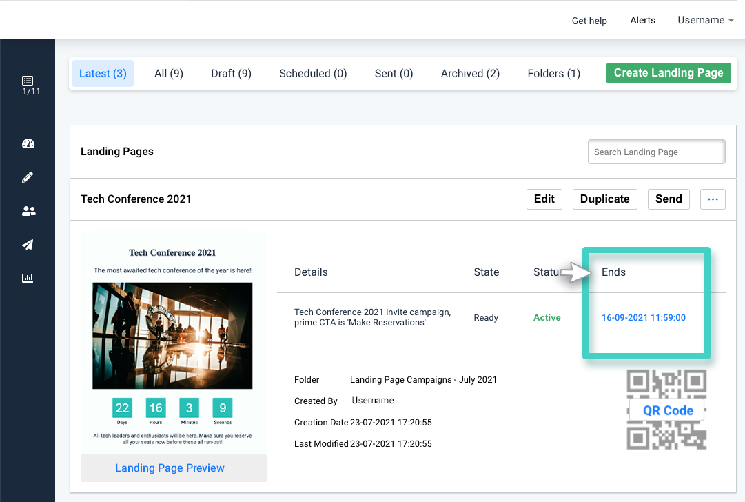 Landing page creations, landing page end date and time is highlighted