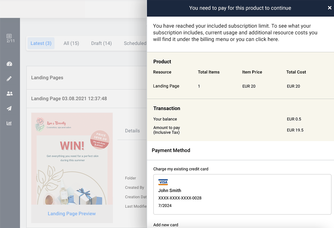 New landing page, insufficient funds. Payment method options