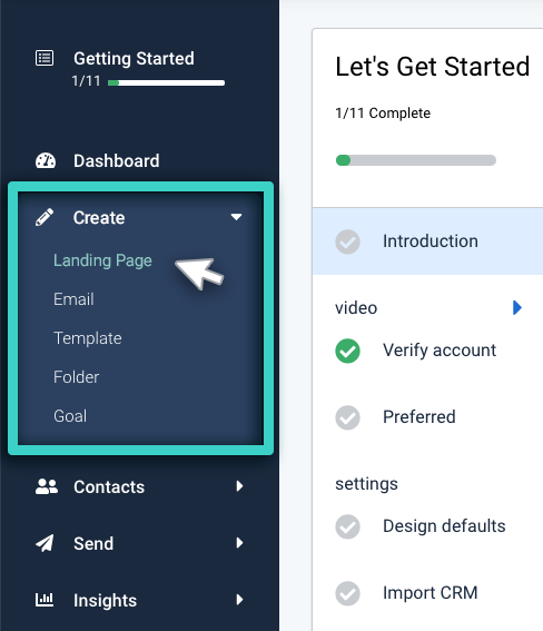 Modify saved landing page, create menu. Landing page option is highlighted
