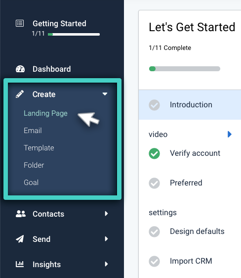 Double opt in SMS sign ups, create menu. Landing page is highlighted