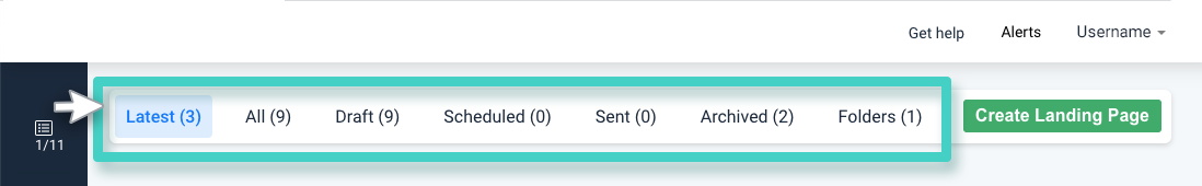 Landing page manager overview. The filter section is highlighted