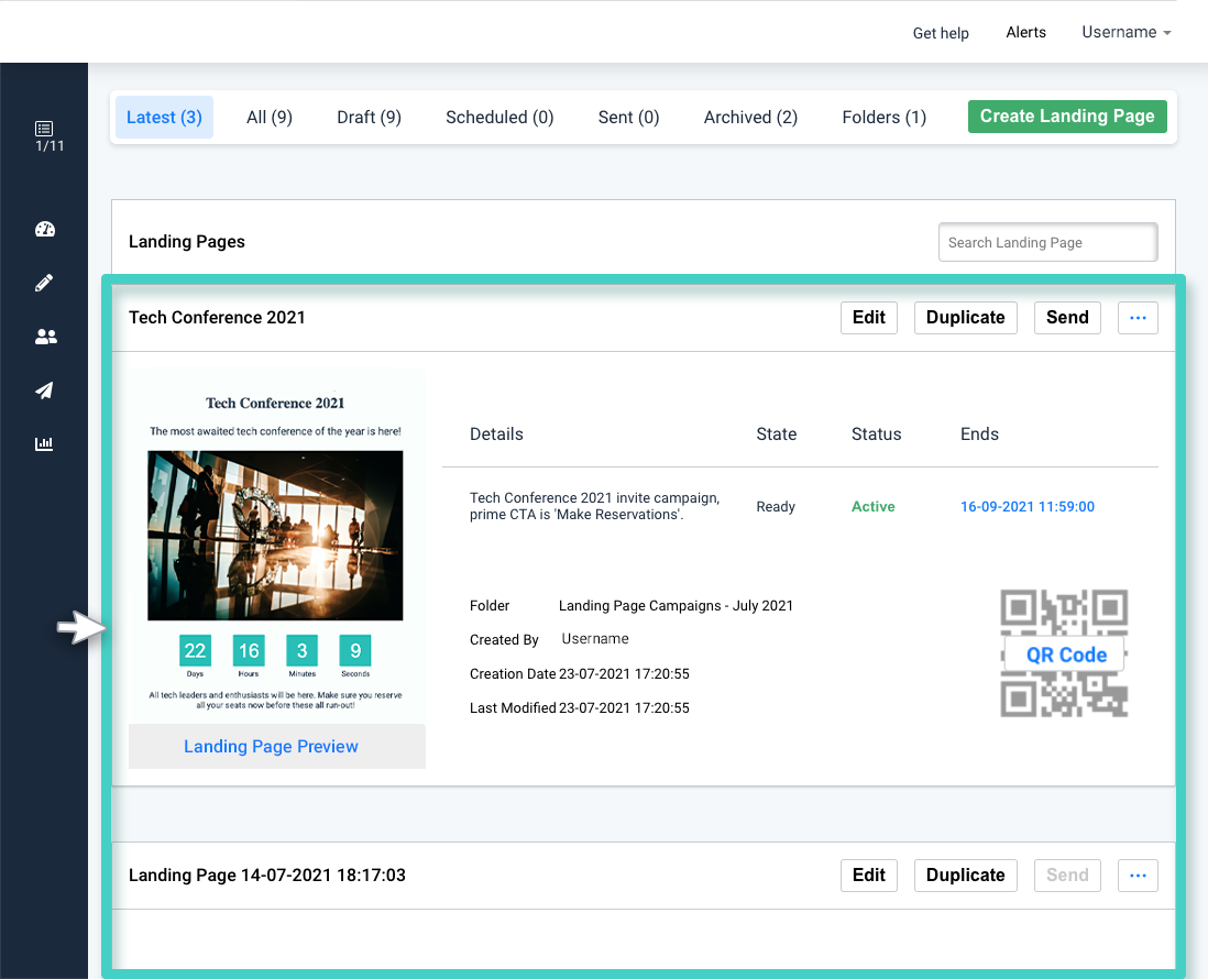 Landing page listing. Create, edit, duplicate, archive, activate