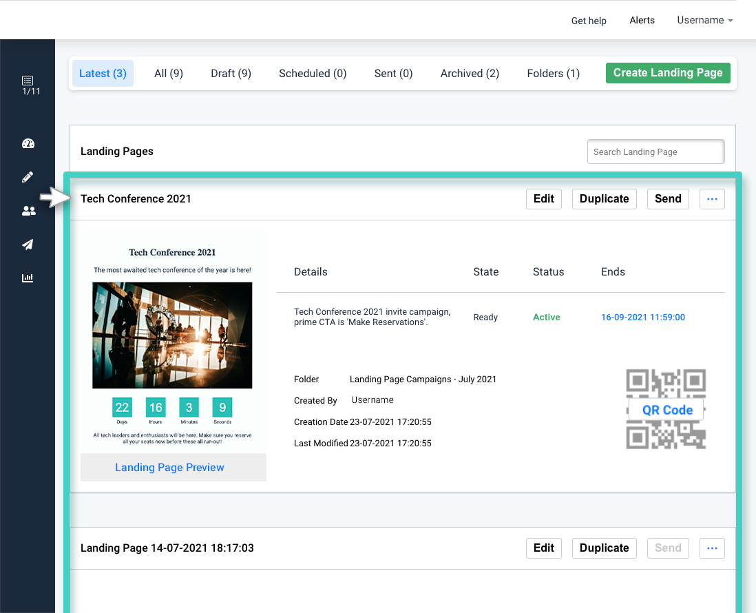 Landing page manager, landing pages overview
