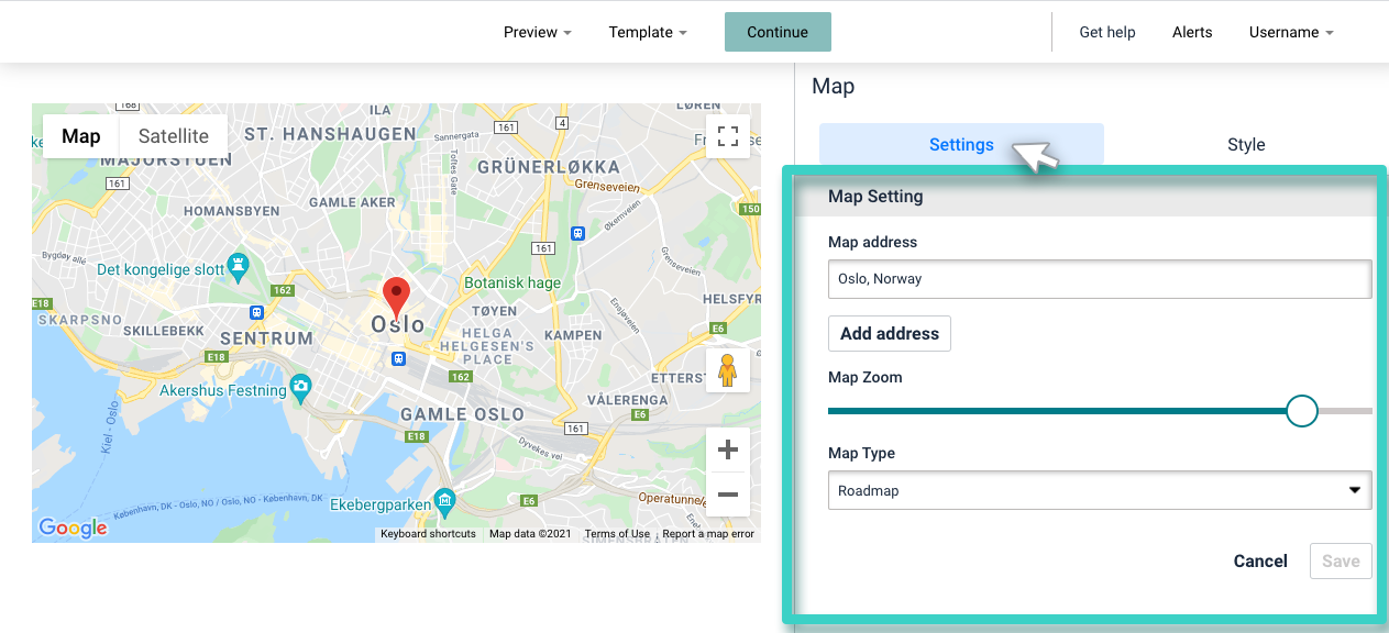 Landing page map. The settings tab is highlighted