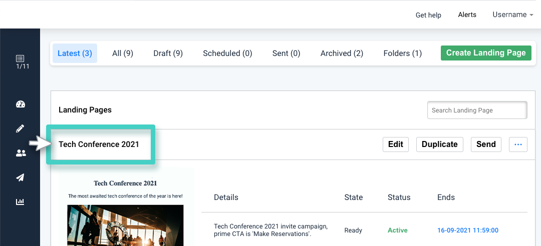 Landing page creations, landing page name is highlighted