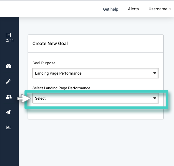 Landing page selection for performance goals. Select landing page performance KPI