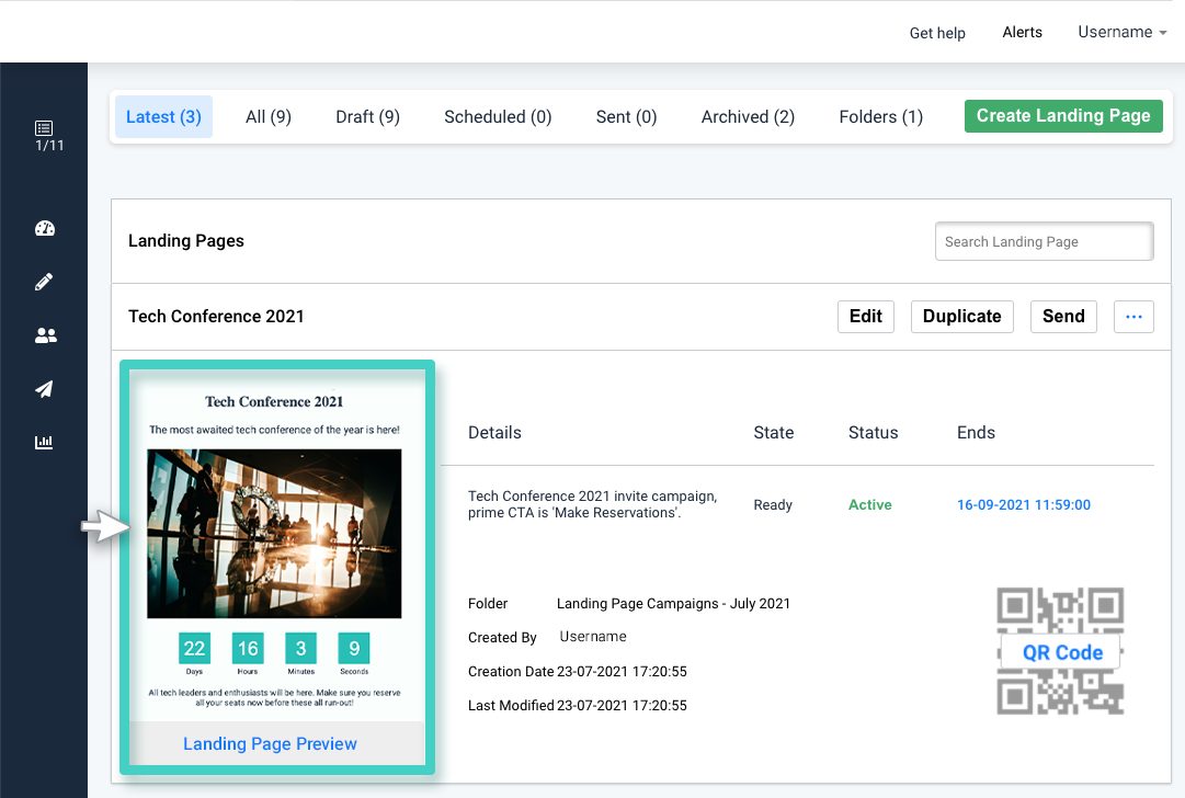 Landing page creations, landing page preview is highlighted