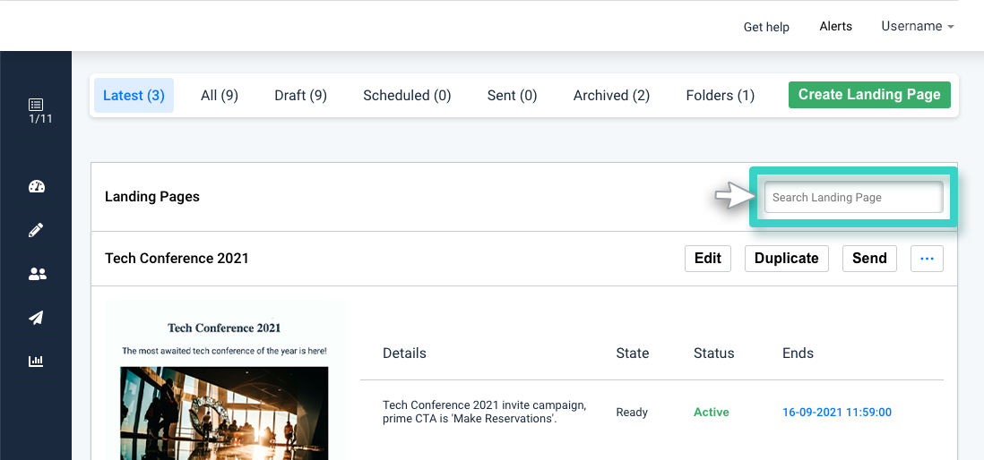 Landing page manager. The search landing page field is highlighted
