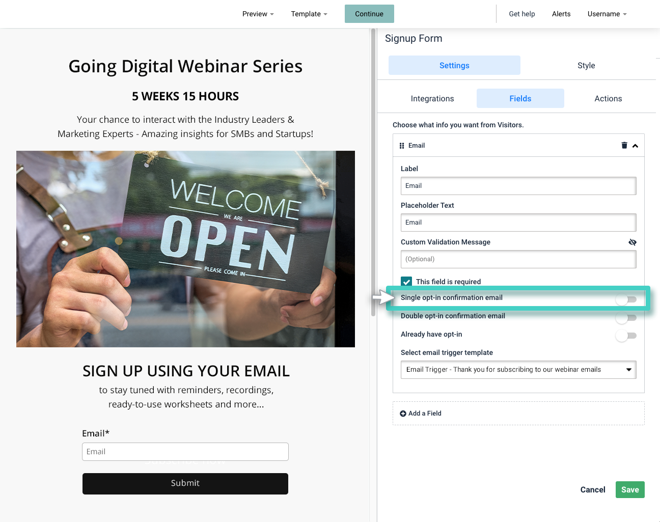 Signup widget settings. Fields with the alternative single opt-in confirmation email highlighted