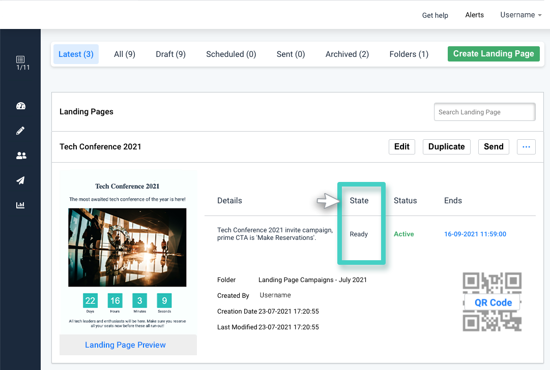 Landing page manager, landing page activation state is highlighted