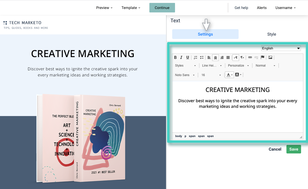 Landing page text widget settings highlighted