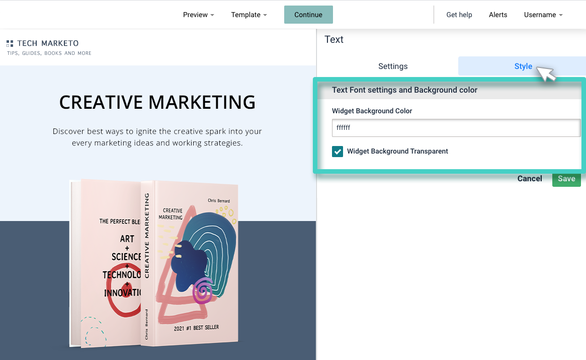 Landing page text widget. The style tab is highlighted