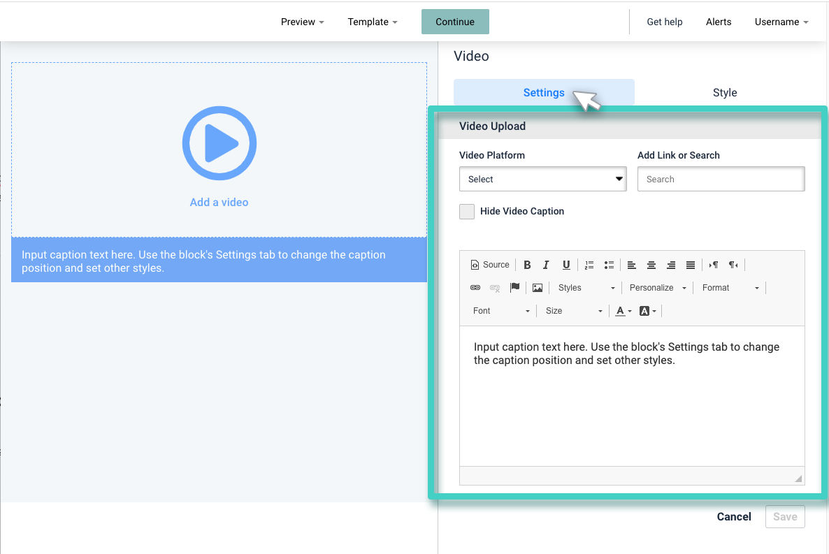 Landing page video widget. Video widget settings tab is highlighted