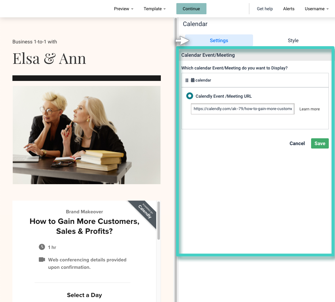 Landing page builder calendar widget settings