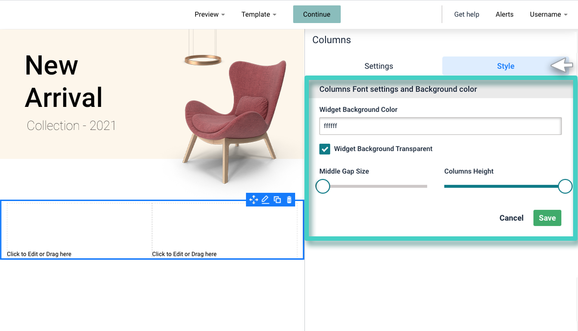 Landing page multiple column widget background color and layout settings